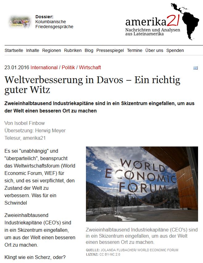 Die "Weltverbesserer": Konzerne, Banken und IWF. Amerika21 vom 23. Januar 2016